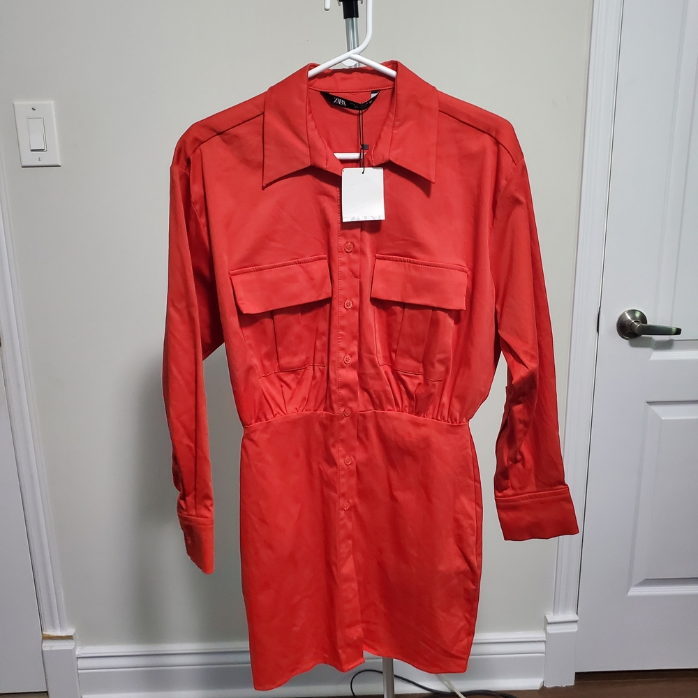 Zara Red Poplin Shirt Dress